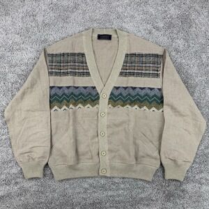 Umberto Vallati Cardigan Men IT 54 Plaid Aztec Linen Blend Made In Italy Grandpa